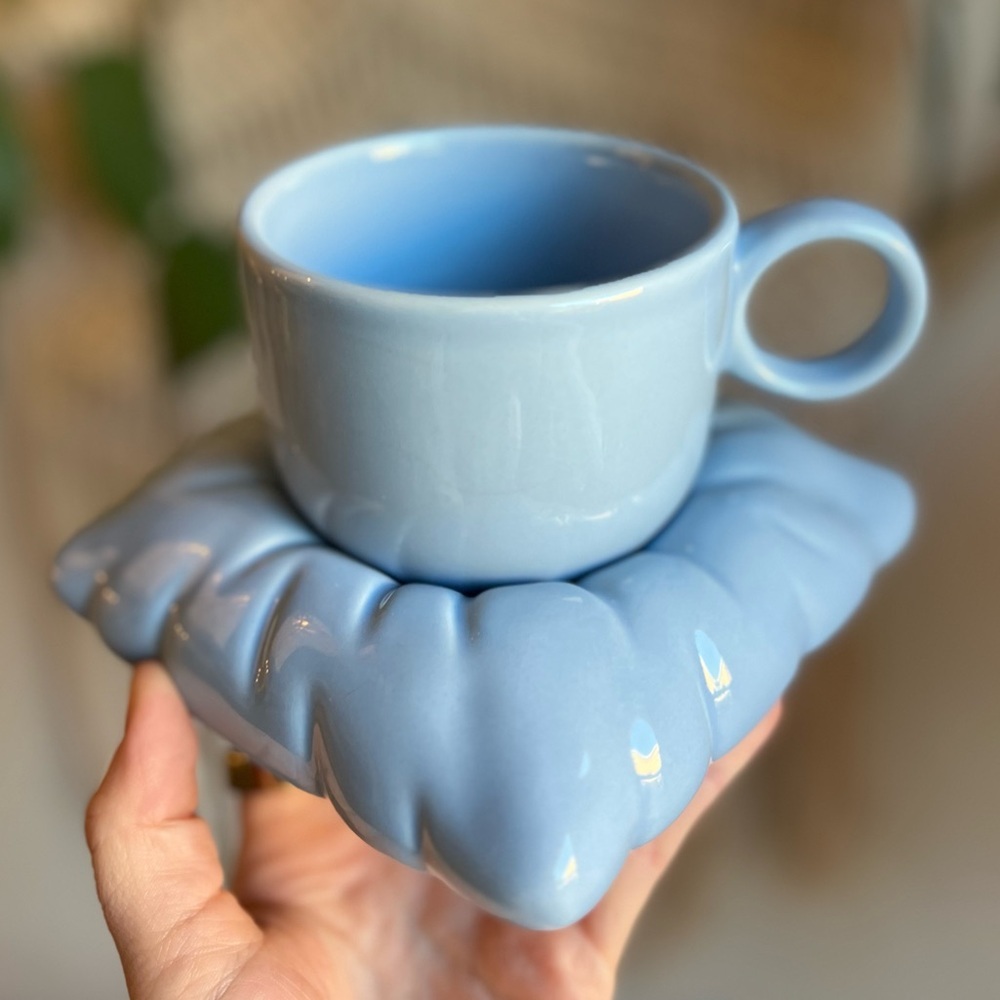 Modern Sculptural Ceramic Mug & Pillow Saucer Set – Light Blue Cottagecore Boho